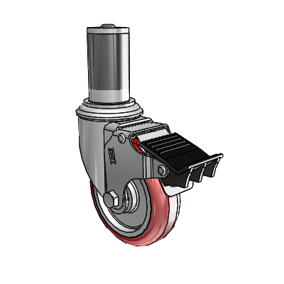 2 Series Expanding Adapter Stem Zinc Swivel Caster with 4 x 1.25 Maroon on Grey Polyurethane HI-TECH Wheel Total Lock (BRK5)