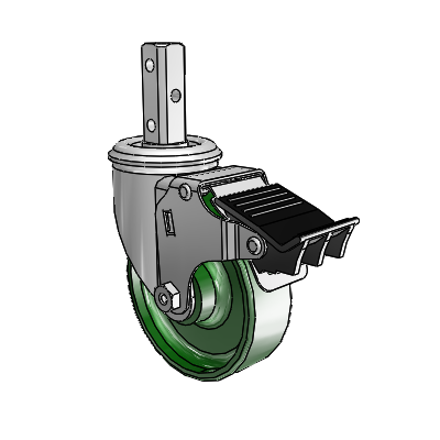 2 Series Casters Square Stem Swivel Zinc Caster with 4 x 1.25 Green Cast Iron Wheel and Total Lock Brake