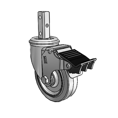 2 Series Casters Square Stem Swivel Zinc Caster with 4 x 1.25 Grey on Grey Performa Rubber (Flat) Wheel and Total Lock Brake