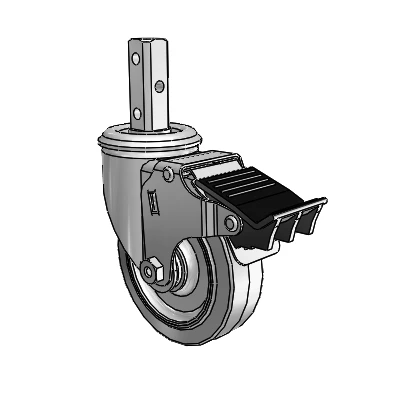 2 Series Casters Square Stem Swivel Zinc Caster with 4 x 1.25 Grey on Grey Performa Rubber (Flat) Wheel and Total Lock Brake