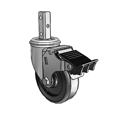2 Series Casters Square Stem Swivel Zinc Caster with 4 x 1.25 Black Polyolefin Wheel and Total Lock Brake
