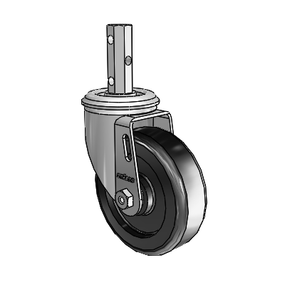 Roulettes de la série 2 : roulette pivotante à tige carrée en zinc, équipée de 4 roues en polyoléfine noire de 1,25