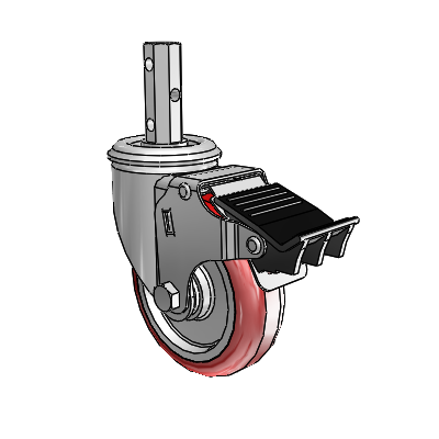 2 Series Casters Square Stem Swivel Zinc Caster with 4 x 1.25 Maroon on Grey Polyurethane HI-TECH Wheel and Total Lock Brake