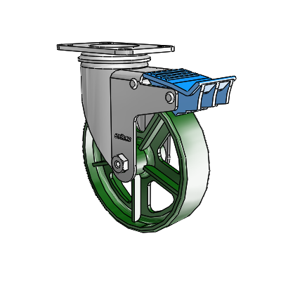 2 Series Casters Top Plate Swivel Zinc Caster with 5 x 1.25 Green Cast Iron Wheel and Directional Lock Brake