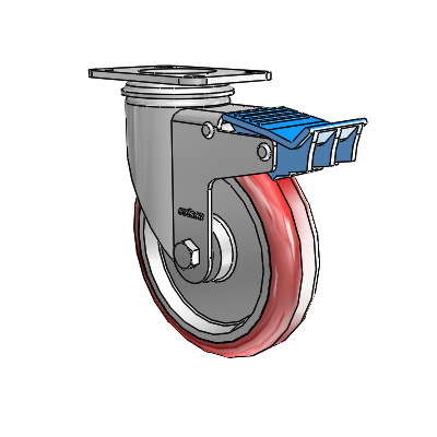 2 Series Casters Top Plate Swivel Zinc Caster with 5 x 1.25 Maroon on Grey Polyurethane HI-TECH Wheel and Directional Lock Brake
