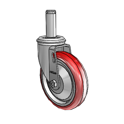Série 2, tige à anneau de préhension, pivot en zinc, roulette pivotante avec roue HI-TECH en polyuréthane marron sur fond gris, dimensions 5 x 1,25