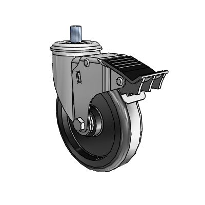 Roulette pivotante à tige filetée en zinc de la série 2, équipée d'une roue en polyoléfine noire de 5 x 1,25 et d'un frein « Total Lock »