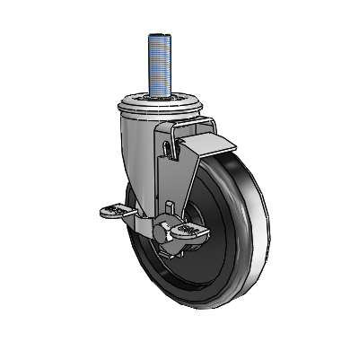 Roulette pivotante à tige filetée en zinc de la série 2, équipée d'une roue en polyoléfine noire de 5 x 1,25 et d'un frein à blocage par le haut