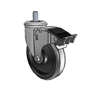 Roulette pivotante à tige filetée en zinc de la série 2, équipée d'une roue en polyoléfine noire de 5 x 1,25 et d'un frein « Total Lock »