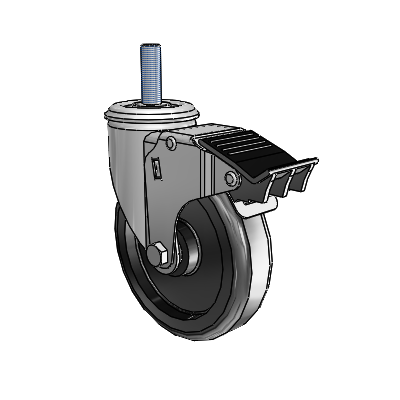 Roulette pivotante à tige filetée en zinc de la série 2, équipée d'une roue en polyoléfine noire de 5 x 1,25 et d'un frein « Total Lock »