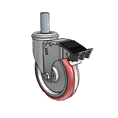 Roulette pivotante à tige filetée de la série 2, en zinc, équipée d'une roue HI-TECH en polyuréthane marron sur fond gris (5 x 1,25) et d'un frein « Total Lock »