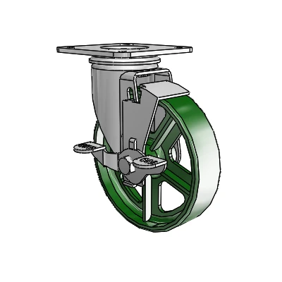 2 Series Casters Top Plate Swivel Zinc Swivel Caster with 5 x 1.25 Green Cast Iron Wheel and Top Lock Brake