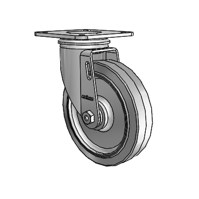 Lenkrolle der Serie 2 mit oberer Platte, schwenkbar, aus Zink, mit 5 x 1,25 grauen „Performa“-Gummirädern (flach) in Grau-auf-Grau-Optik
