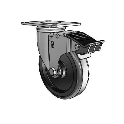 2 Series Casters Top Plate Swivel Zinc Swivel Caster with 5 x 1.25 Black Polyolefin Wheel and Total Lock Brake
