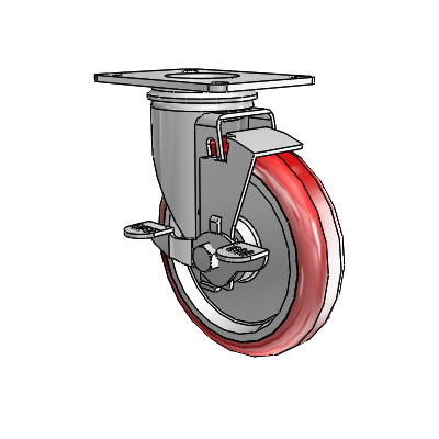 2 Series Casters Top Plate Swivel Zinc Swivel Caster with 5 x 1.25 Maroon on Grey Polyurethane HI-TECH Wheel and Top Lock Brake