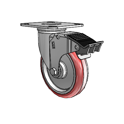 2 Series Casters Top Plate Swivel Zinc Swivel Caster with 5 x 1.25 Maroon on Grey Polyurethane HI-TECH Wheel and Total Lock Brake