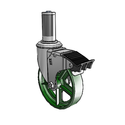 2 Series Expanding Adapter Stem Zinc Swivel Caster Caster with 5 x 1.25 Green Cast Iron Wheel and Total Lock Brake