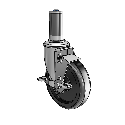 Tige d'adaptateur extensible série 2, roulette pivotante en zinc, équipée d'une roue en polyoléfine noire de 5 x 1,25 et d'un frein à blocage par le haut