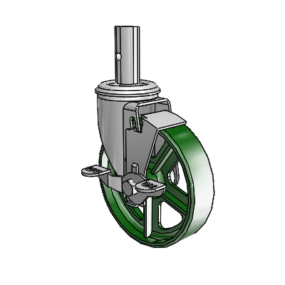 2 Series Casters Square Stem Swivel Zinc Swivel Caster with 5 x 1.25 Green Cast Iron Wheel and Top Lock Brake
