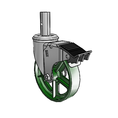 2 Series Casters Square Stem Swivel Zinc Swivel Caster with 5 x 1.25 Green Cast Iron Wheel and Total Lock Brake