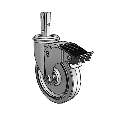 2 Series Casters Square Stem Swivel Zinc Swivel Caster with 5 x 1.25 Grey on Grey Performa Rubber (Flat) Wheel and Total Lock Brake