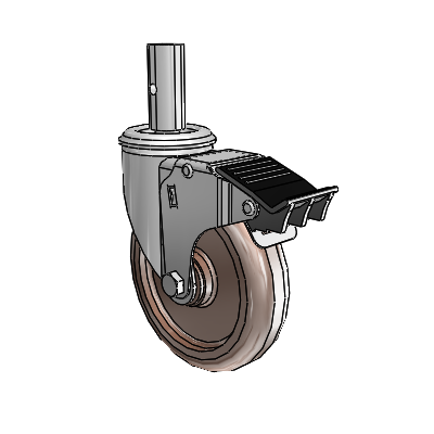 2 Series Casters Square Stem Swivel Zinc Swivel Caster with 5 x 1.25 Brown Thermo Wheel and Total Lock Brake