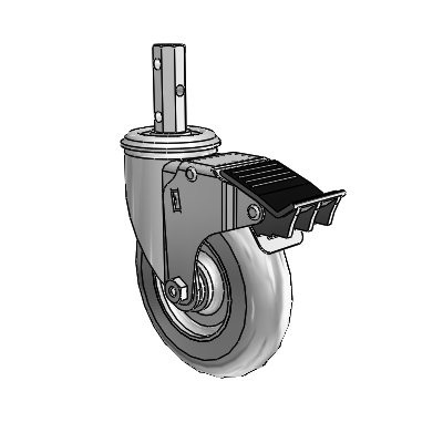 2 Series Casters Square Stem Swivel Zinc Swivel Caster with 5 x 1.3125 Grey on Grey Performa Rubber (Round) Wheel and Total Lock Brake