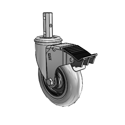 2 Series Casters Square Stem Swivel Zinc Swivel Caster with 5 x 1.3125 Grey on Black Performa Rubber (Round/Conductive) Wheel and Total Lock Brake