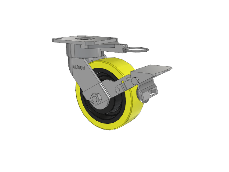28 Series Maintenance Free Top Plate Swivel Caster with 6 x 2 Yellow Tread on Black Cast Iron Core PF - Polyurethane (Heavy Duty Cast Iron Core) Wheel and Face Brake