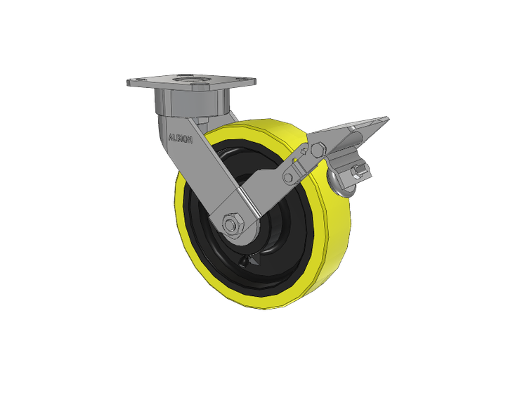 28 Series Maintenance Free Top Plate Swivel Caster with 8 x 2 Yellow Tread on Black Cast Iron Core PF - Polyurethane (Heavy Duty Cast Iron Core) Wheel and Face Brake
