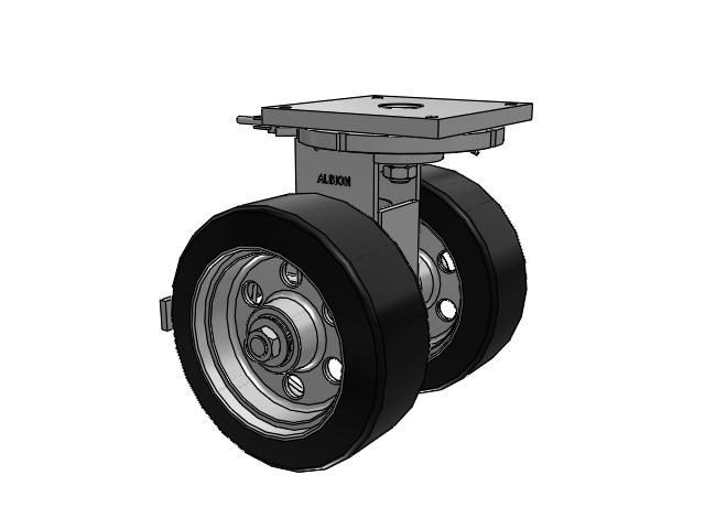298 Series Top Plate Swivel Caster with 16.25 Black tread with grey enamel core OA - Rubber Press-On Wheel and Face Brake