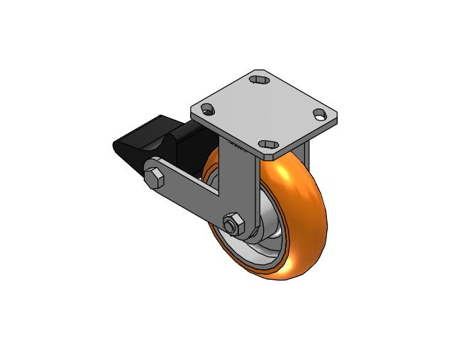 110 Series Kingpinless Top Plate Rigid Caster with 6 x 2 Orange Tread on Aluminum Core AN - Round Polyurethane (Aluminum Core) Wheel and Poly Lock Integrated Brake