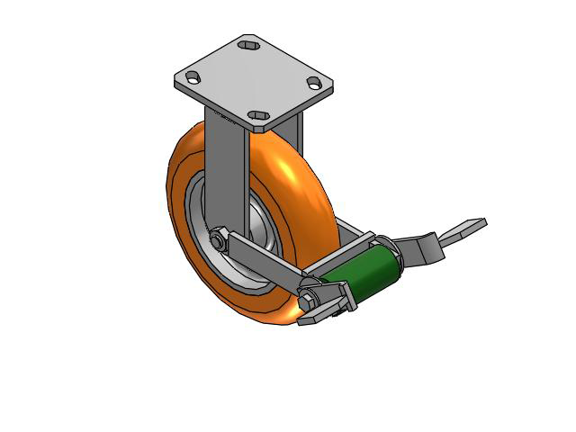 110 Series Kingpinless Top Plate Rigid Caster with 8 x 2 Orange Tread on Aluminum Core AN - Round Polyurethane (Aluminum Core) Wheel and Poly Cam Brake
