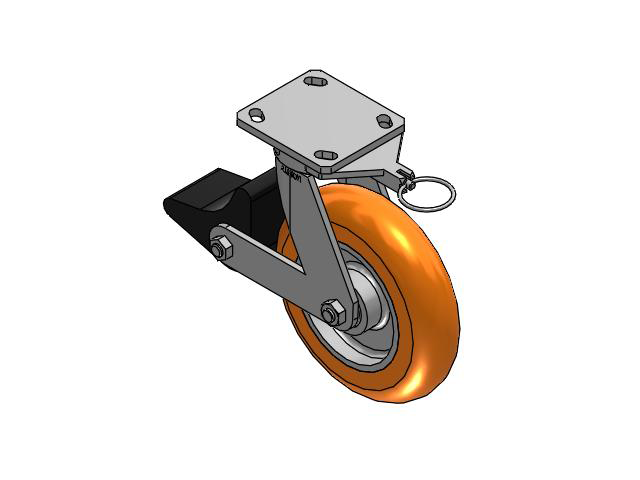 110 Series Kingpinless Top Plate Swivel Caster with 8 x 2 Orange Tread on Aluminum Core AN - Round Polyurethane (Aluminum Core) Wheel and Poly Lock Integrated Brake