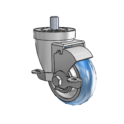 Roulette pivotante à tige filetée en zinc de la série 30, équipée d'une roue PolyLoc (bleue) de 3,5 x 1,25 et d'un frein VertiLoc