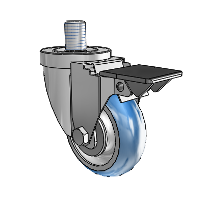 Roulette pivotante à tige filetée en zinc de la série 30, équipée d'une roue PolyLoc (bleue) de 3,5 x 1,25 et d'un frein PosiLoc
