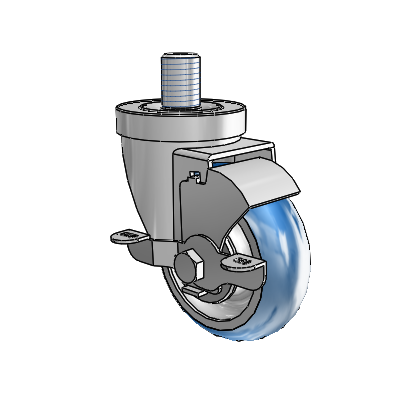 Roulette pivotante à tige filetée en zinc de la série 30, équipée d'une roue PolyLoc (bleue) de 3,5 x 1,25 et d'un frein VertiLoc