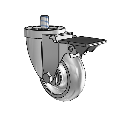 Roulette pivotante à tige filetée en zinc de la série 30, équipée d'une roue PolyLock (grise) de 3,5 x 1,25 et d'un frein PosiLoc