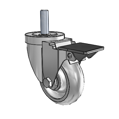 Roulette pivotante à tige filetée en zinc de la série 30, équipée d'une roue PolyLock (grise) de 3,5 x 1,25 et d'un frein PosiLoc