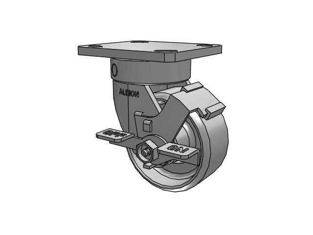Roulette pivotante sans pivot central de la série 110 avec plaque supérieure, équipée de 4 roues émaillées grises de type CA (4 x 2) – Roue en fonte et frein de face