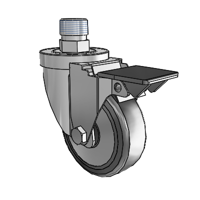 30 Series Pipe Thread Stem Zinc Swivel Caster with 3.5 x 1.25 Cushion Rubber (+ Side Plates) Wheel and PosiLoc Brake