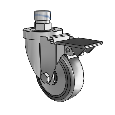 30 Series Pipe Thread Stem Zinc Swivel Caster with 3.5 x 1.25 Hard Rubber (+ Side Plates) Wheel and PosiLoc Brake