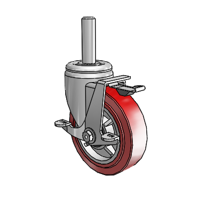 3 Series Round Stem Zinc Swivel Caster with 5 x 1.5 Maroon on Grey Polyurethane HI-TECH Wheel and Top Lock Brake