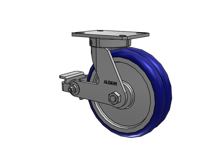 Roulette pivotante à plaque supérieure de la série 310, avec bande de roulement bleue 10 x 3 sur noyau en aluminium EY - Roue pivotante EAZ (Crown) et frein à came en polyuréthane