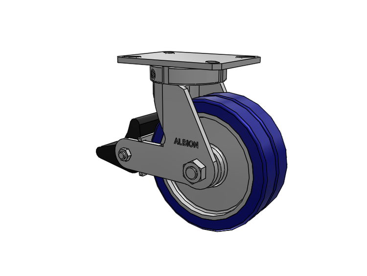 Roulette pivotante à plaque supérieure de la série 310, avec bande de roulement bleue 8 x 3 sur noyau en aluminium EZ - Roue pivotante EAZ (plate) et frein intégré Poly Lock