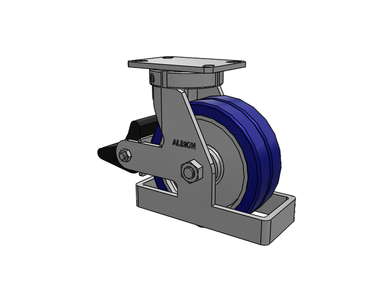 Roulette pivotante à plaque supérieure de la série 310, avec bande de roulement bleue 8 x 3 sur noyau en aluminium EZ - Roue pivotante EAZ (plate) et frein intégré Poly Lock