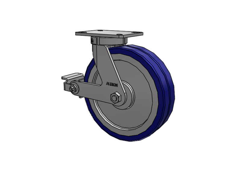 Roulette pivotante à plaque supérieure de la série 310, avec bande de roulement bleue 12 x 3 sur noyau en aluminium EZ - Roue pivotante EAZ (plate) et frein à came en polyuréthane