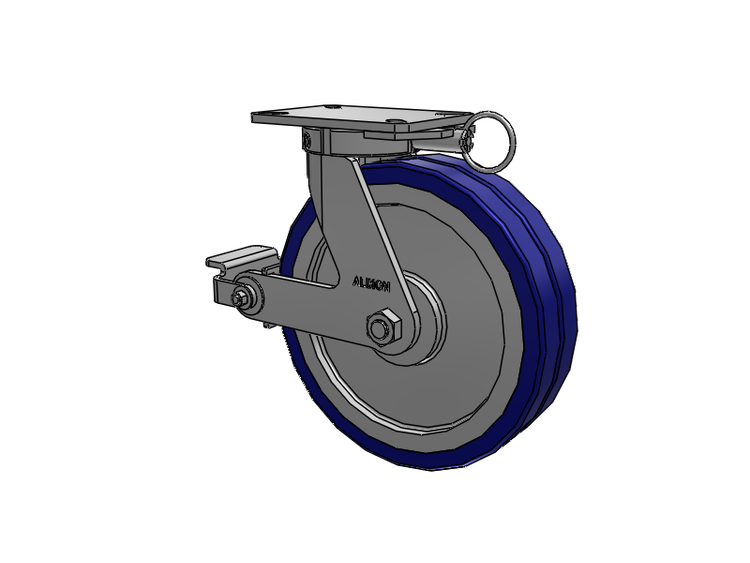 Roulette pivotante à plaque supérieure de la série 310, avec bande de roulement bleue 12 x 3 sur noyau en aluminium EZ - Roue pivotante EAZ (plate) et frein à came en polyuréthane