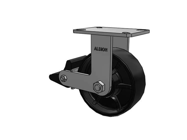 310 Series Top Plate Rigid Caster with 8 x 3 Black Paint FR - Ductile Iron Crowned Tread Wheel and Poly Lock Integrated Brake