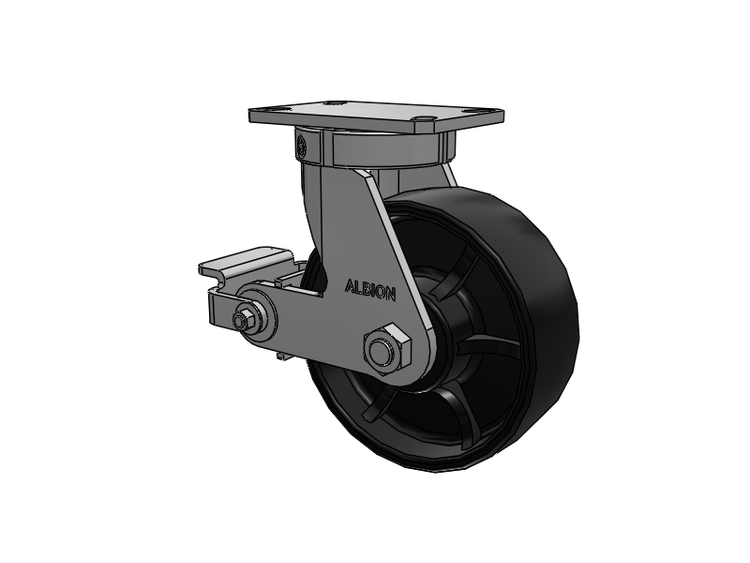 Roulette pivotante à plaque supérieure de la série 310 avec roue 8 x 3 peinte en noir FR - Roue à bande de roulement bombée en fonte ductile et frein à came en polyuréthane